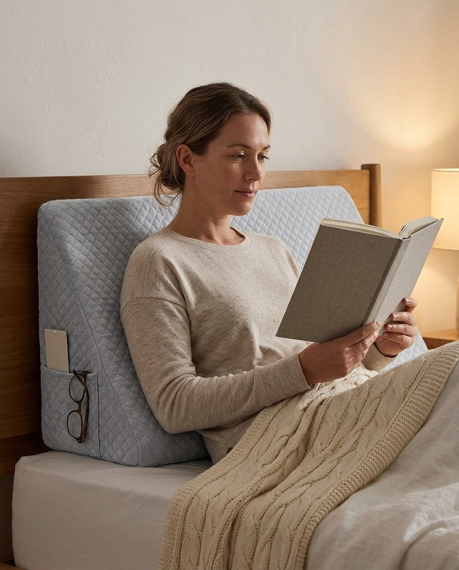 Woman reading in bed leaning back against the grey wedge support pillow