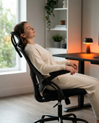 Woman reclining in the mesh office chair with eyes closed on a break