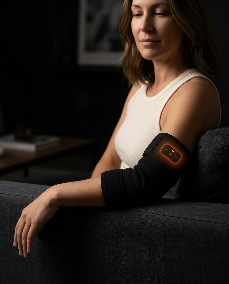 Woman relaxing on a couch wearing the glowing heated elbow sleeve