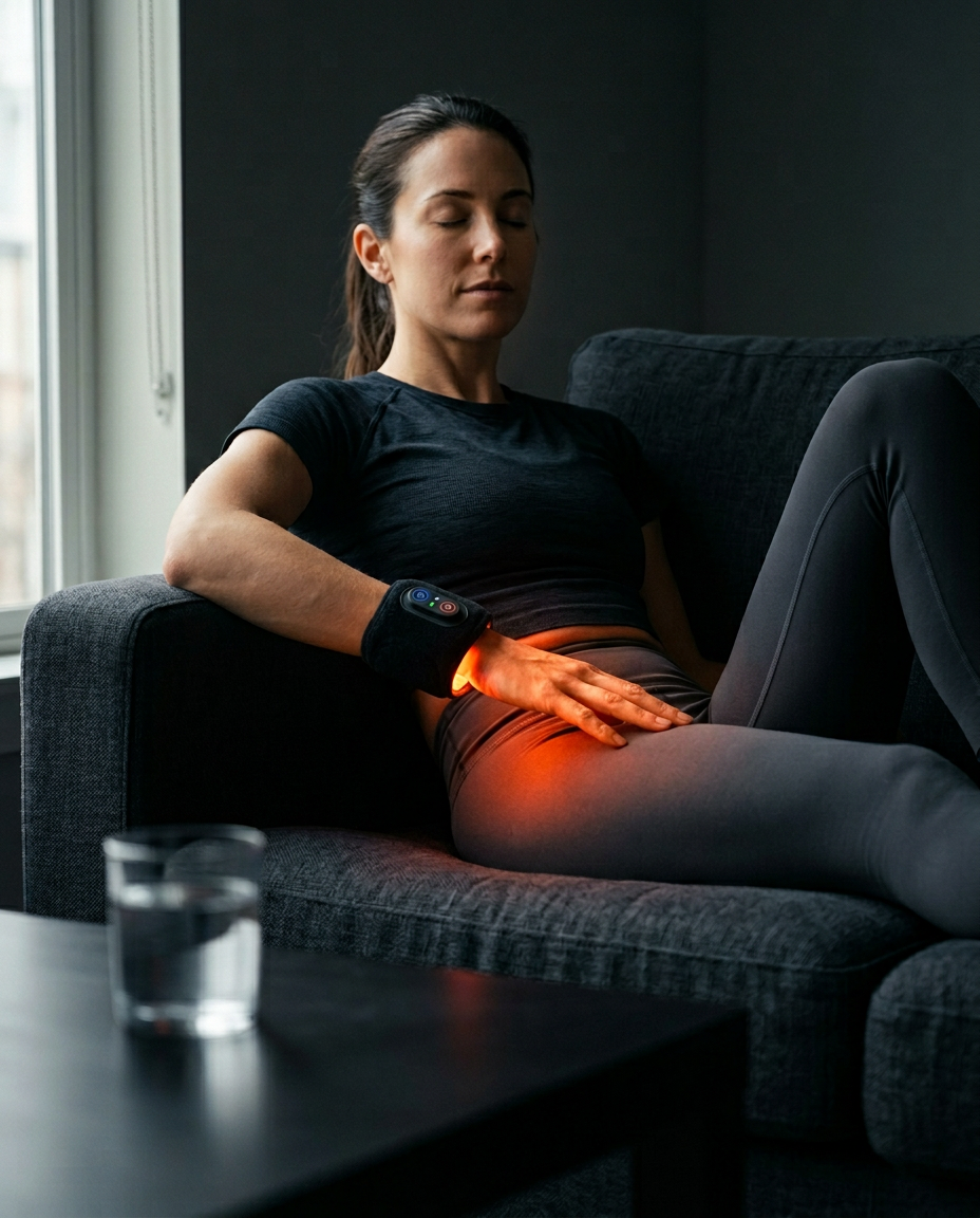 Woman resting on a sofa wearing the red light wrist strap on her wrist