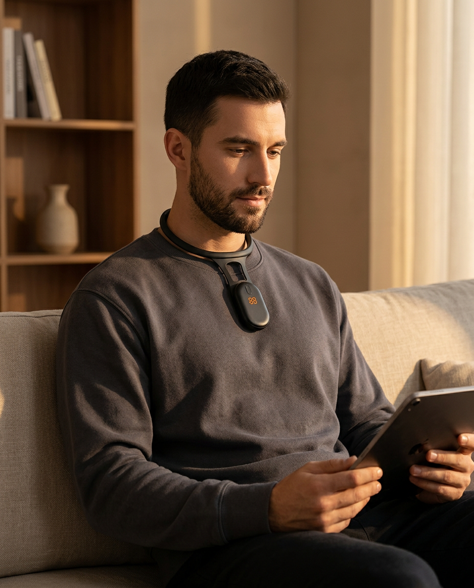 Man on a couch reading a tablet while wearing the posture corrector