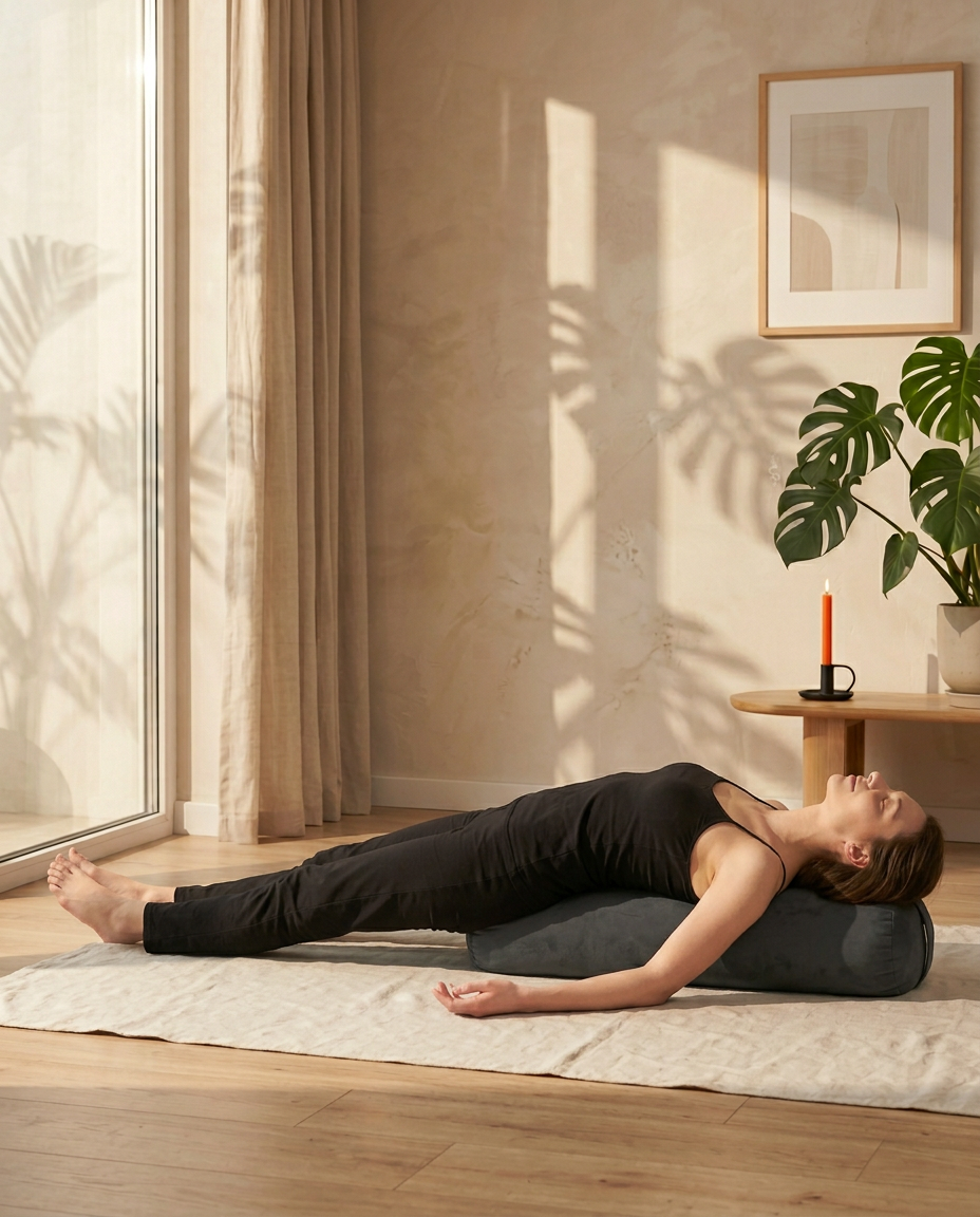 Woman lying back over the bolster in a restorative yoga pose on a mat