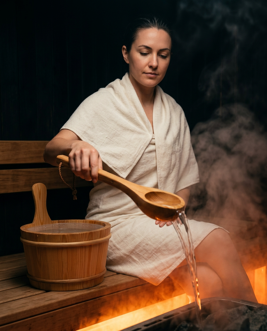 Woman in a sauna pouring water from the wooden ladle over the steaming heater
