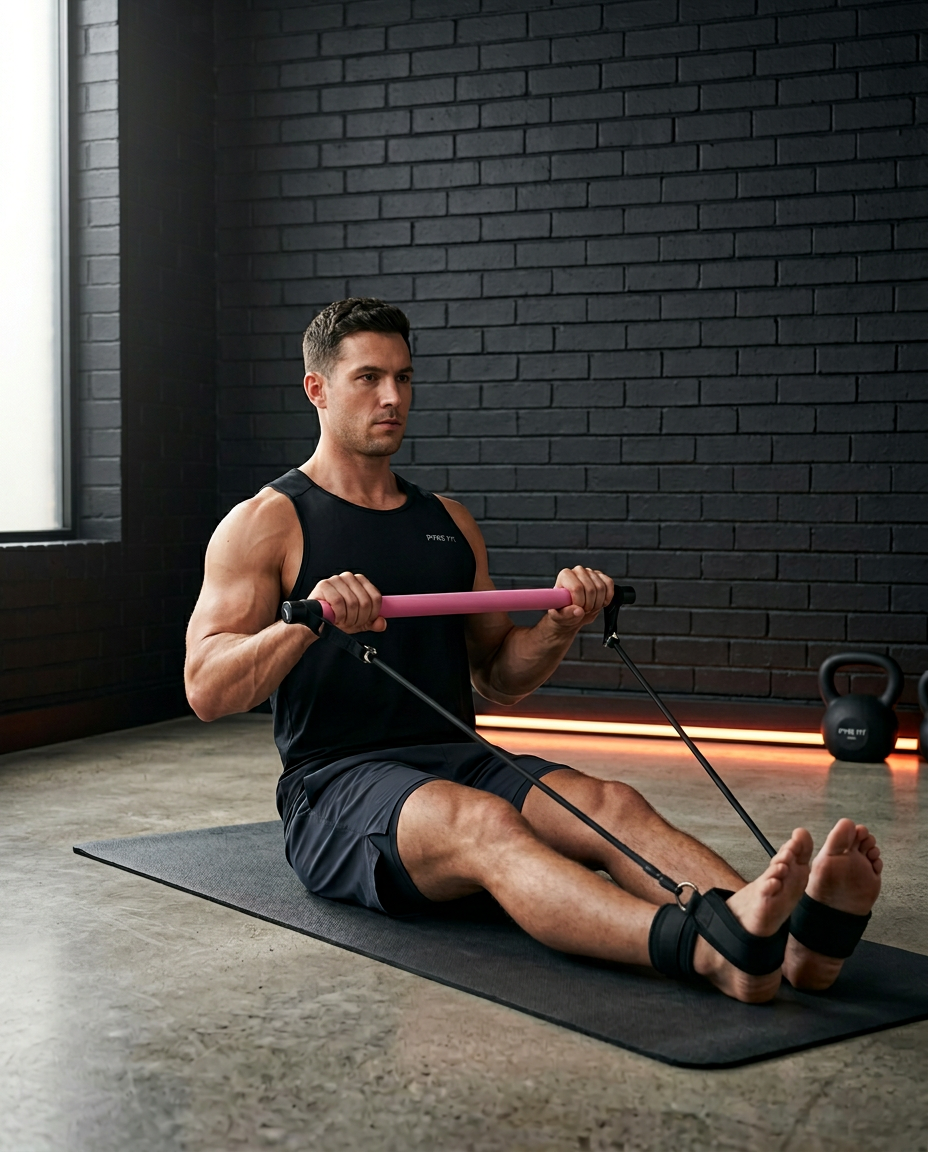 Man performing a seated row with the Pilates bar on a gym mat