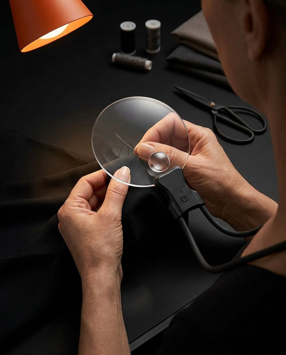 Person threading a needle through the neck magnifier lens while sewing