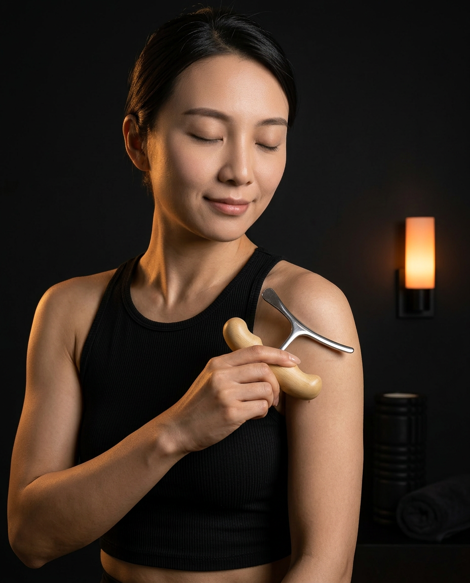 Woman using the fascia release tool on her shoulder in a dim spa setting