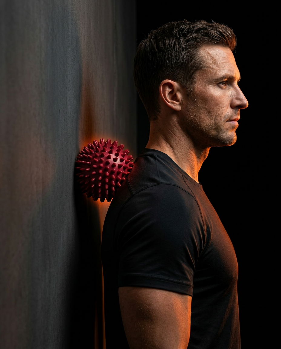Man pressing a red spiky massage ball against a wall to release shoulder tension