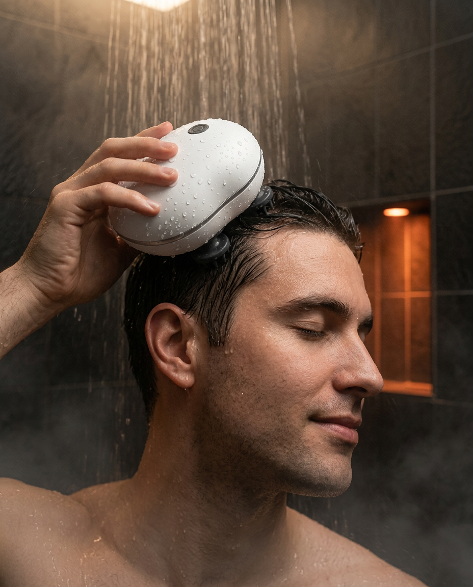 Man using the waterproof scalp massager while shampooing in the shower