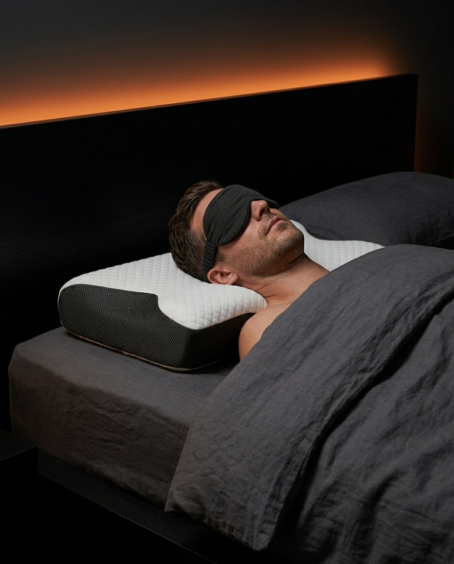 Man in an eye mask sleeping on his back on the cervical pillow, dark bedroom