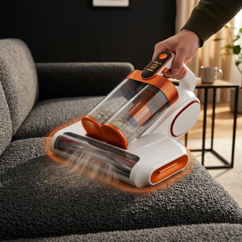 Person vacuuming a grey upholstered sofa with the handheld fabric cleaner