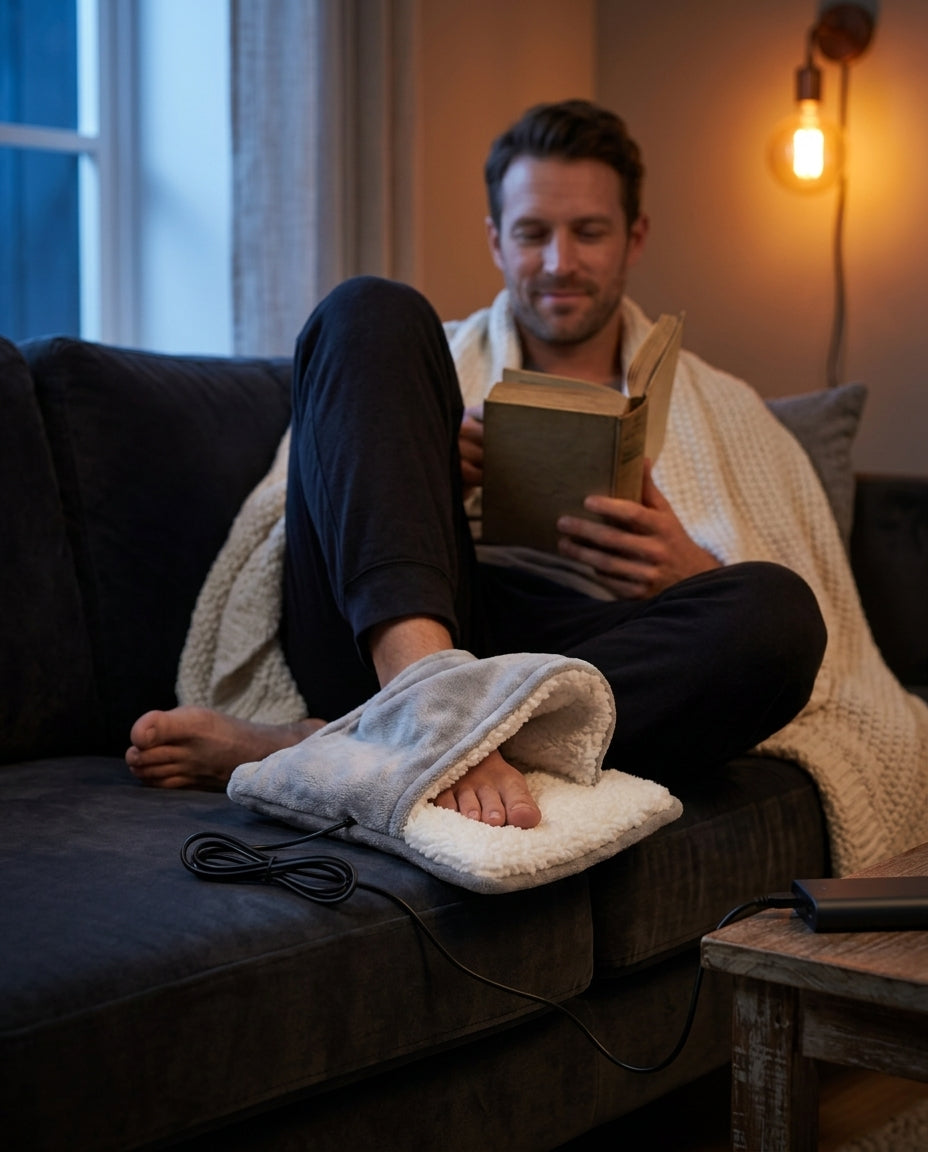 Man reading on a sofa with his feet tucked into the foot heating pad