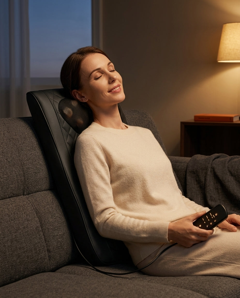 Woman unwinding on a sofa with the back massage cushion behind her neck, remote in hand