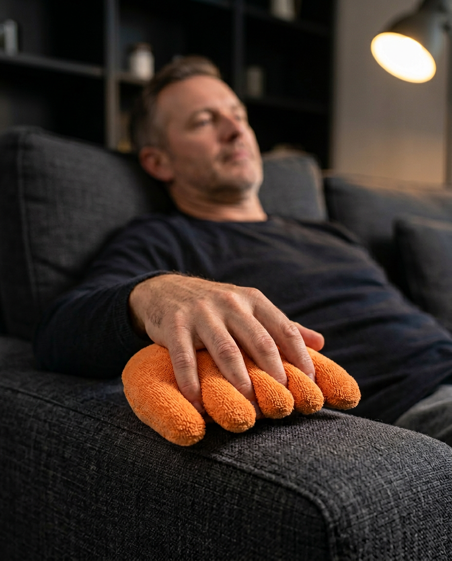 Man unwinding on a sofa with his hand resting in the orange relaxation cushion