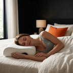 Woman side-sleeping with her arm tucked through the couples pillow cutout