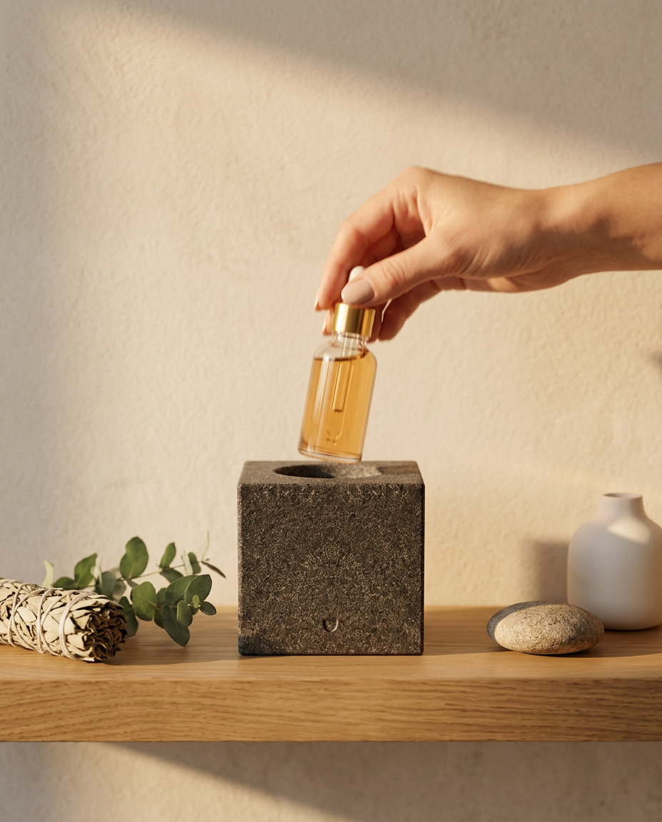 Hand placing an oil bottle into the granite cube holder on a spa shelf