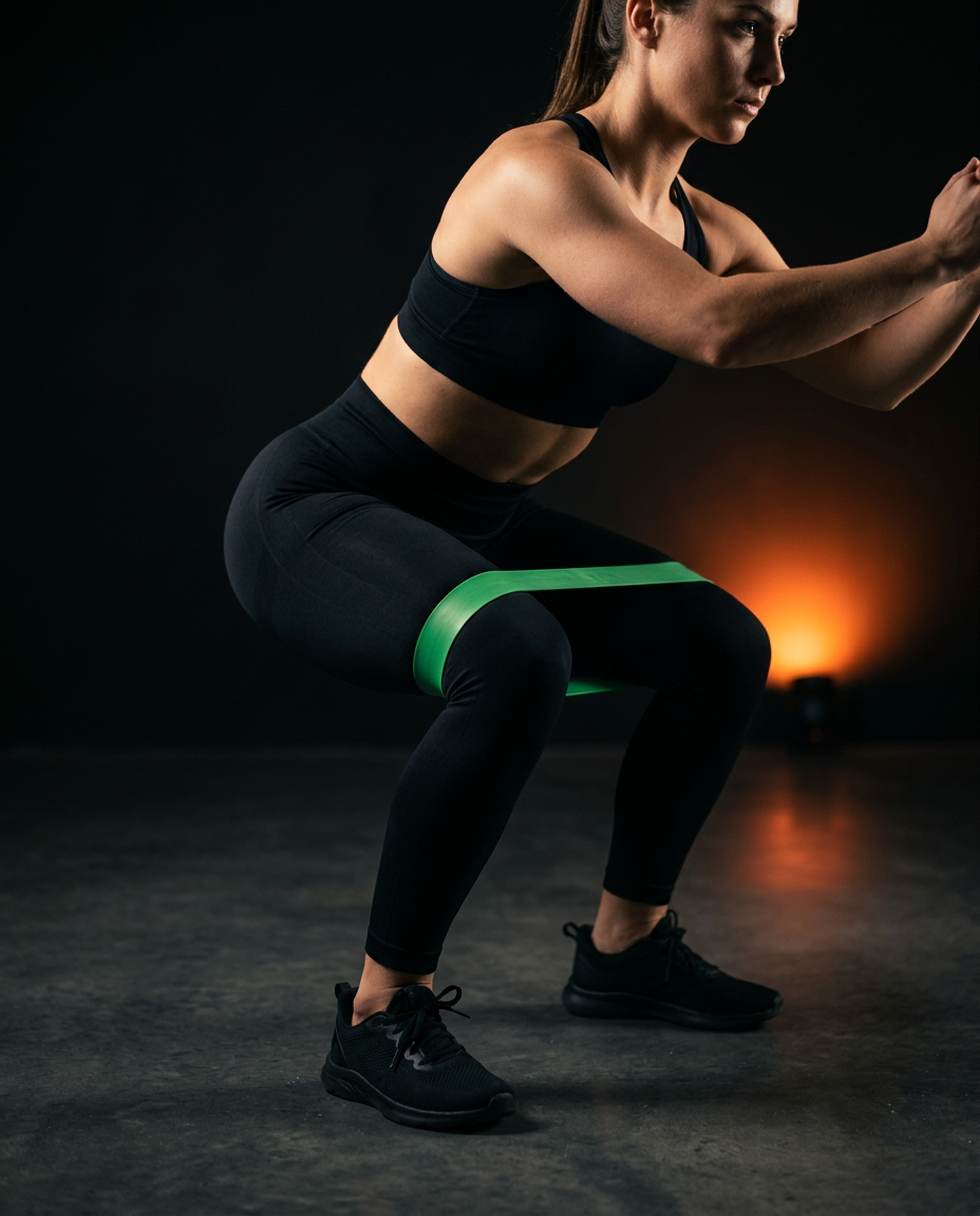 Woman squatting with a green resistance band around her thighs in a gym