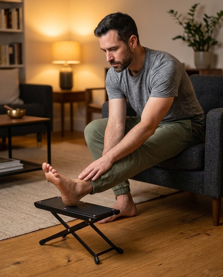 Man seated stretching his leg with his foot raised on the black footrest platform