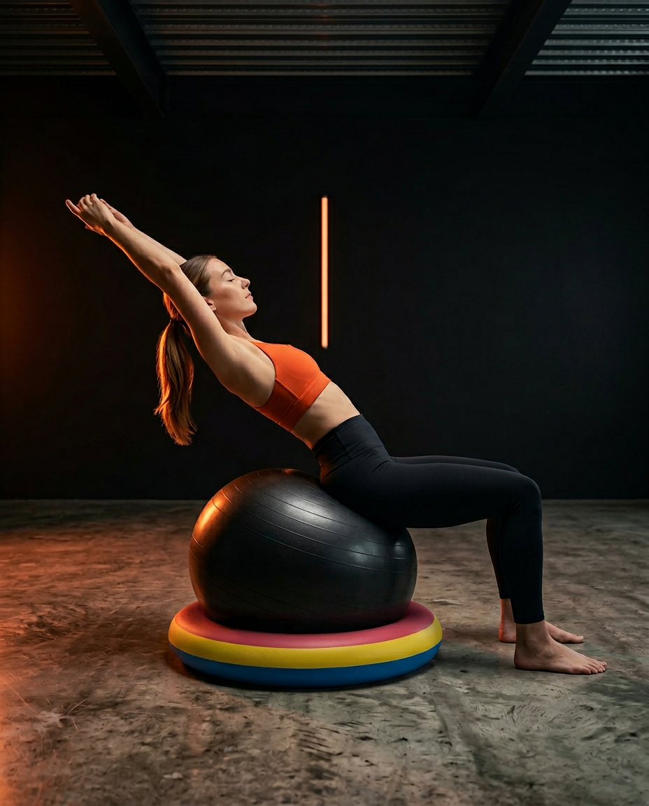 Woman stretching backward over an exercise ball held in the stability ring in a studio