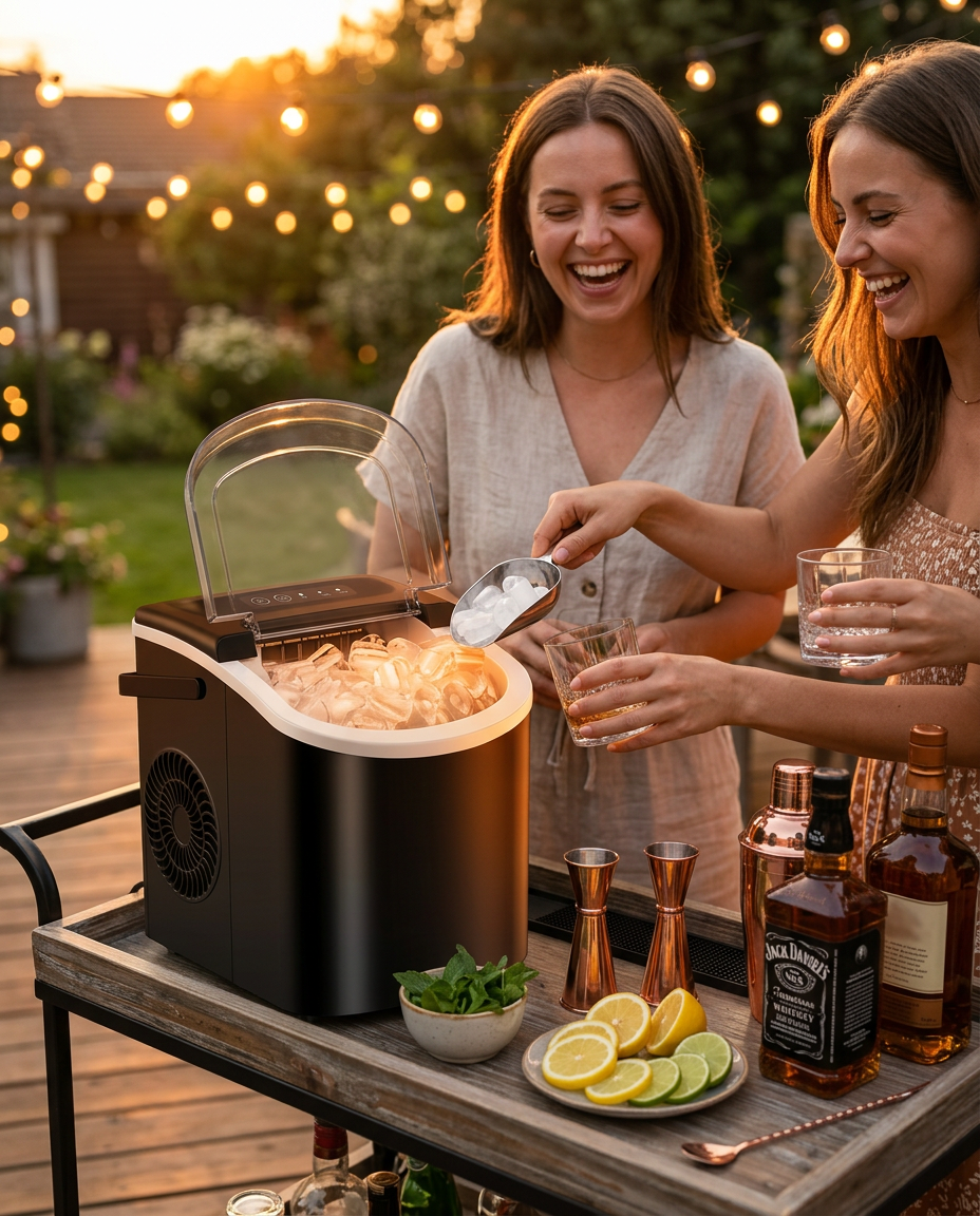 Friends scooping ice from the maker at an evening outdoor garden party