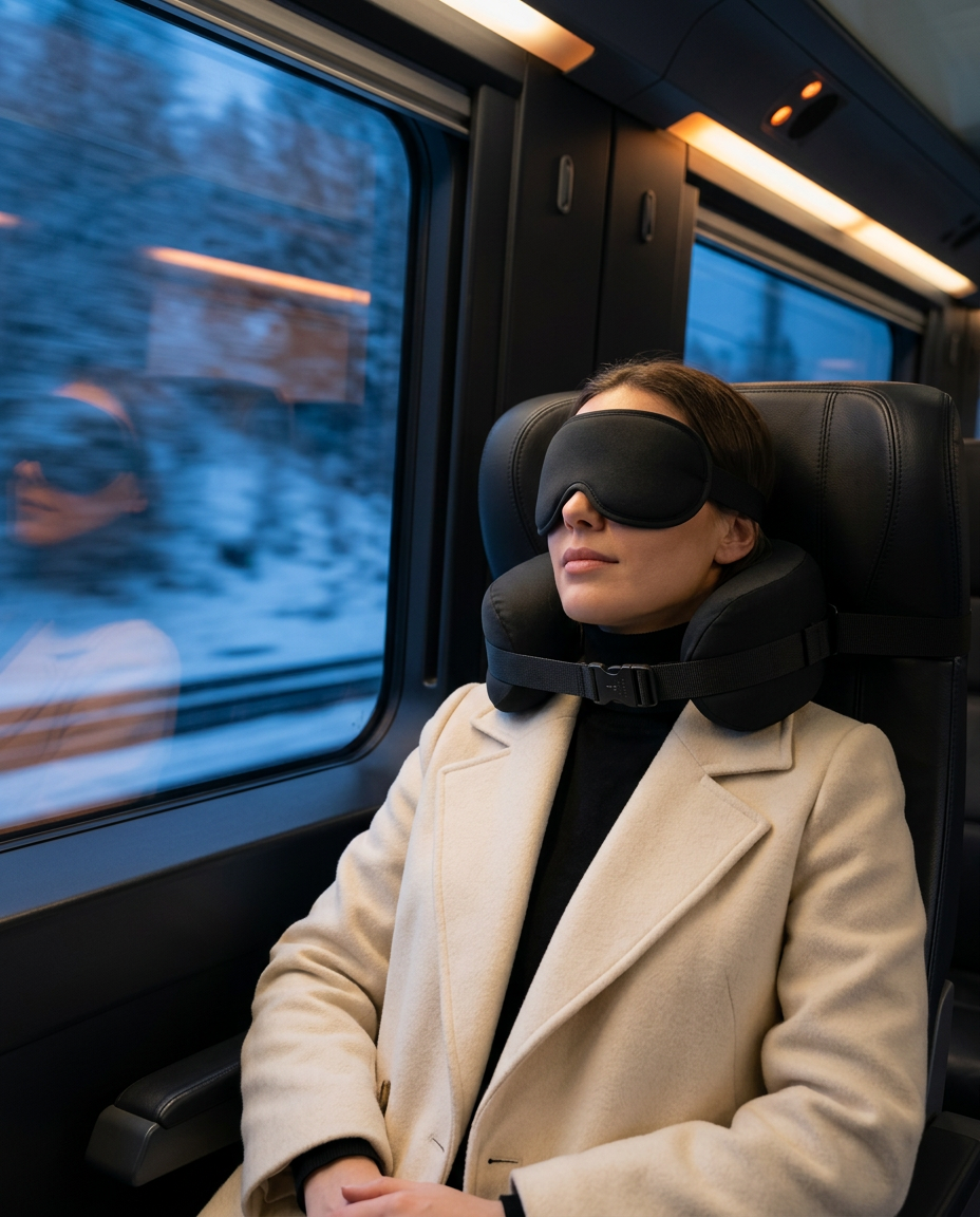 Woman dozing on a snowy train commute in the travel neck pillow and mask