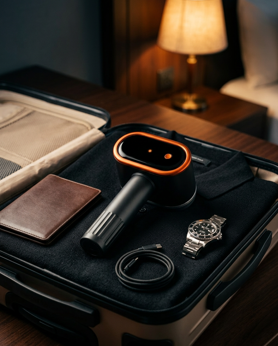 Black fabric shaver packed beside a wallet and watch in an open suitcase