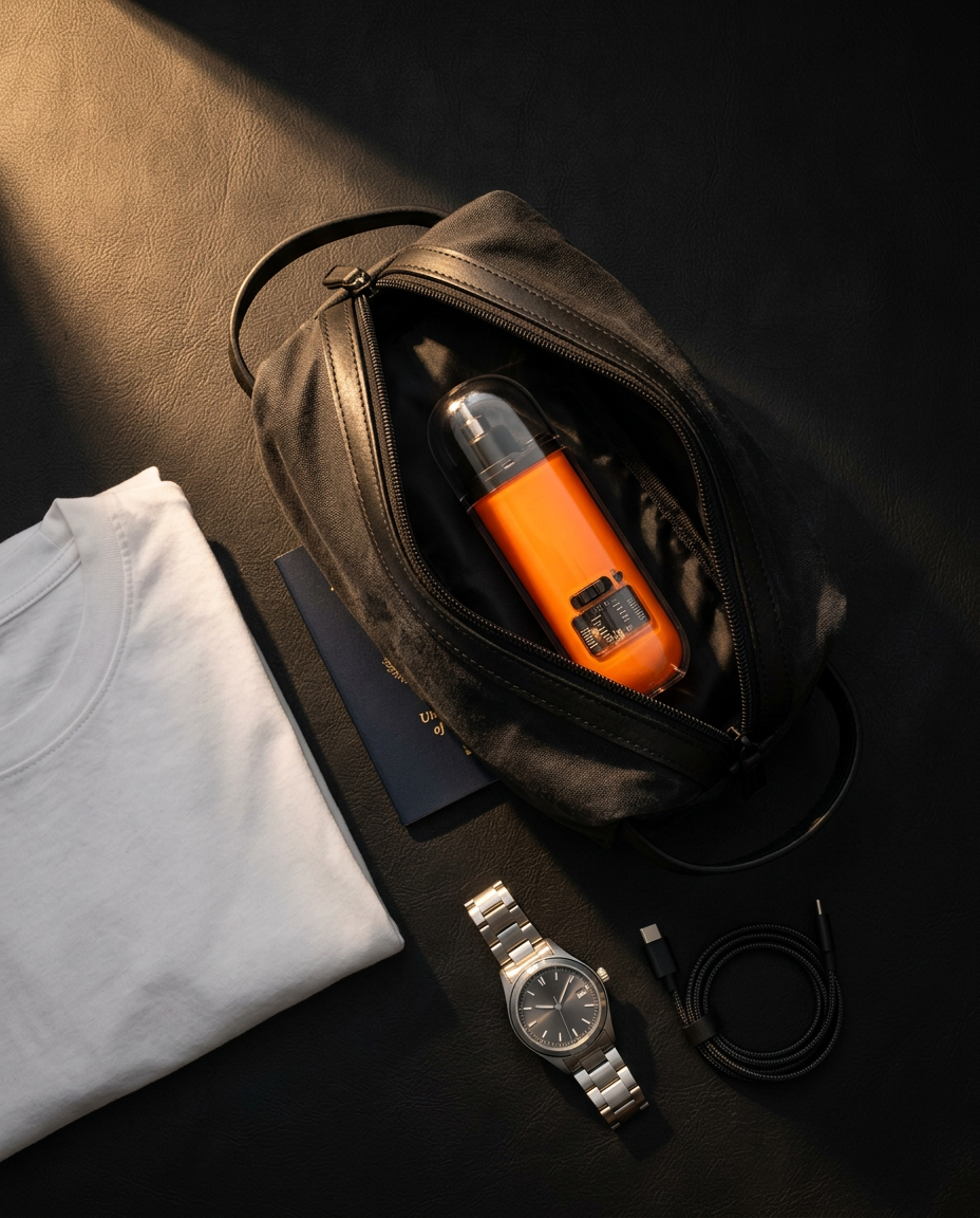 Orange nose and ear trimmer packed in a black travel dopp kit with cable