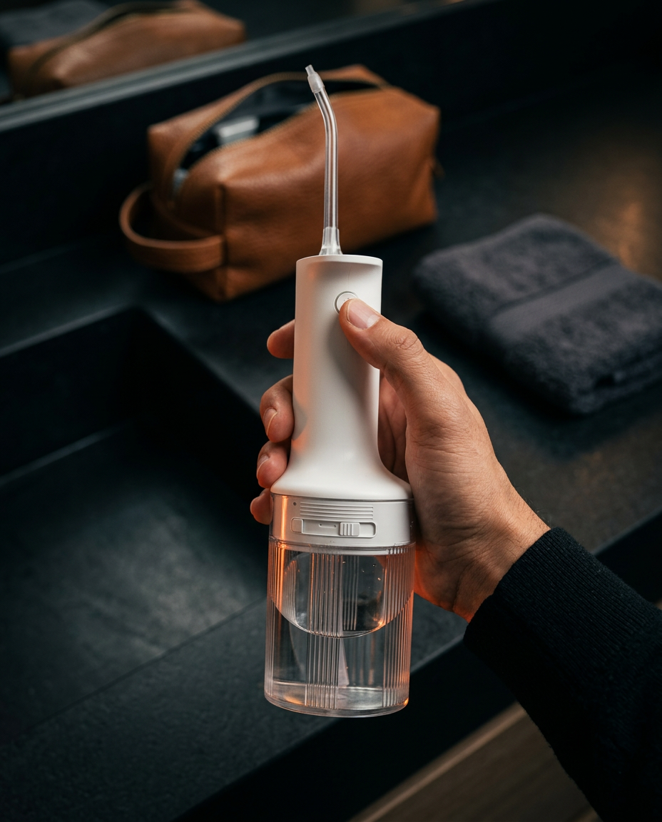 Hand holding the portable water flosser beside a leather travel bag