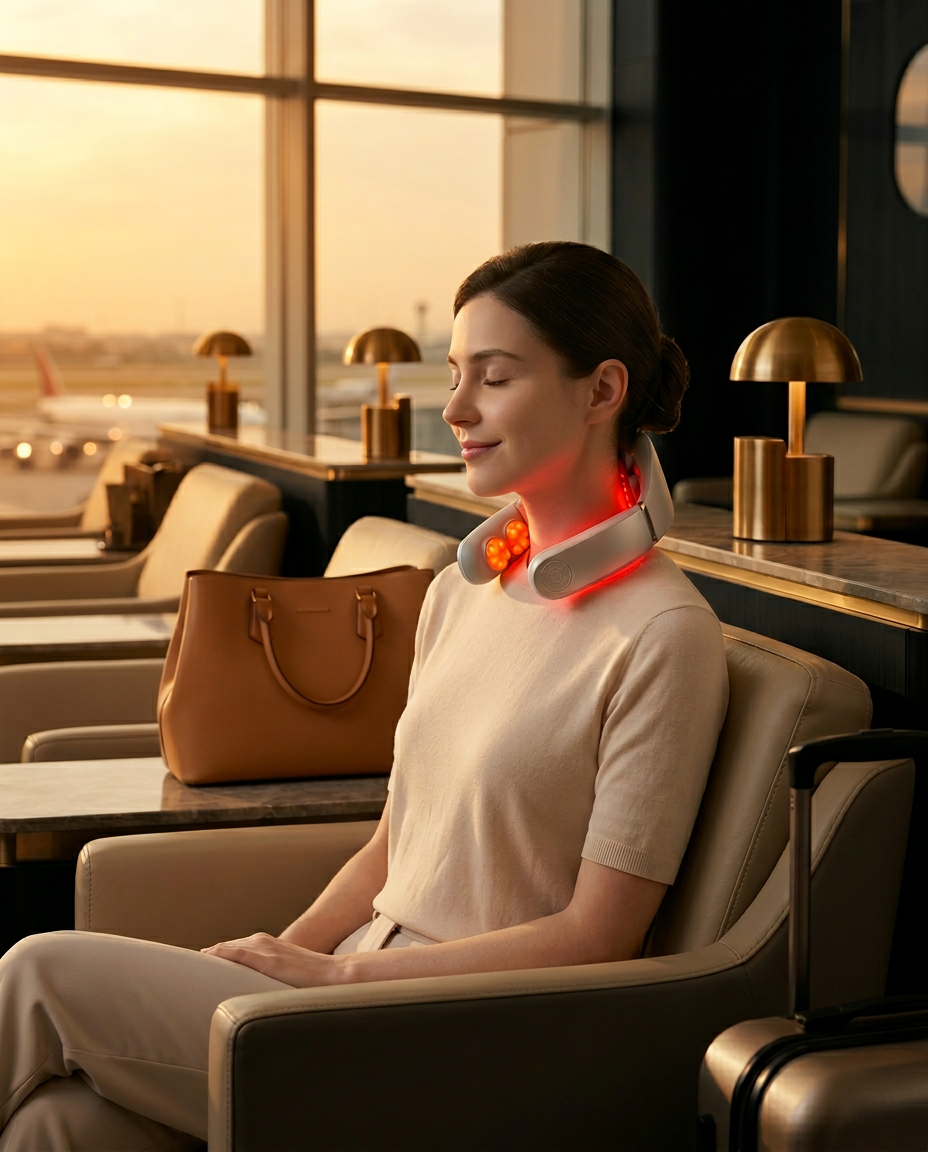Woman relaxing in an airport lounge wearing the red-light neck massager