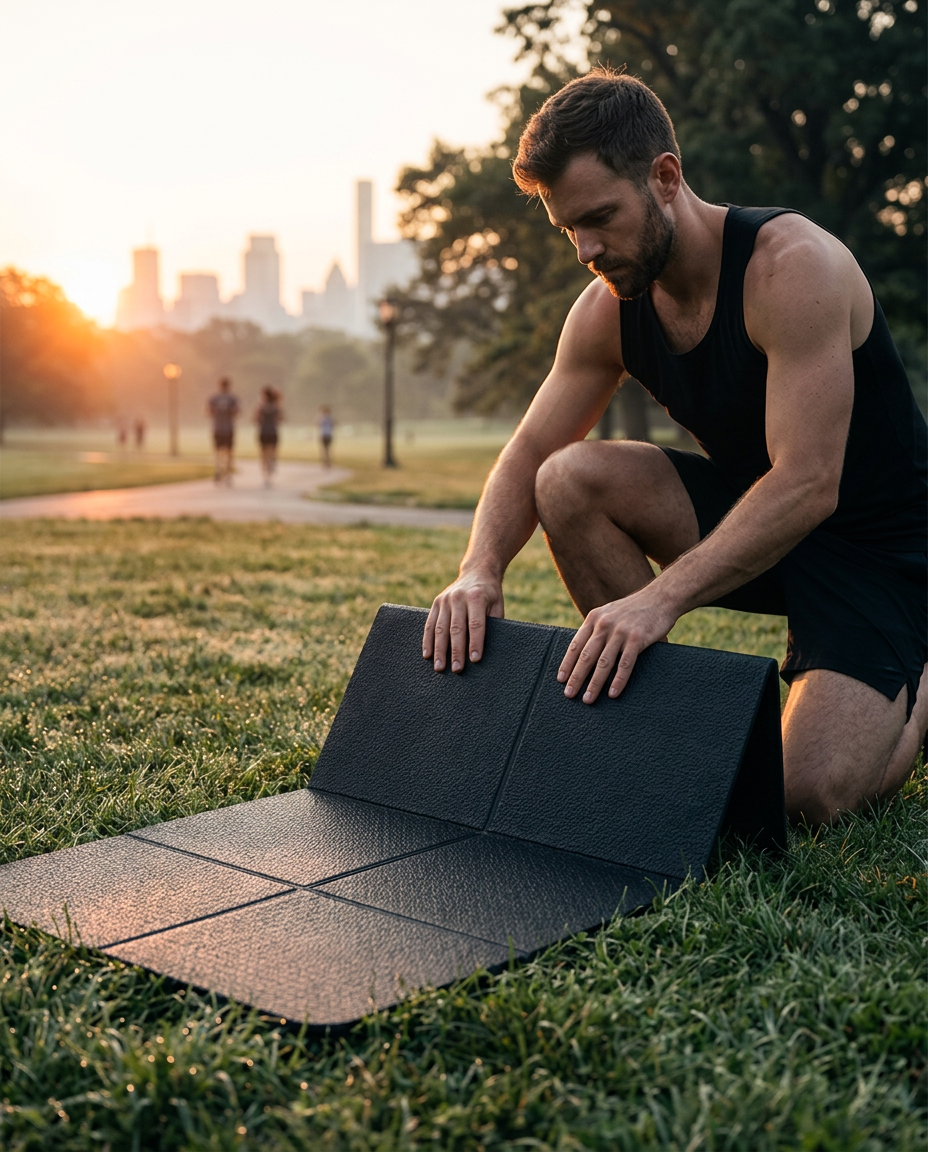 Man unfolding the foldable yoga mat in a park at sunset