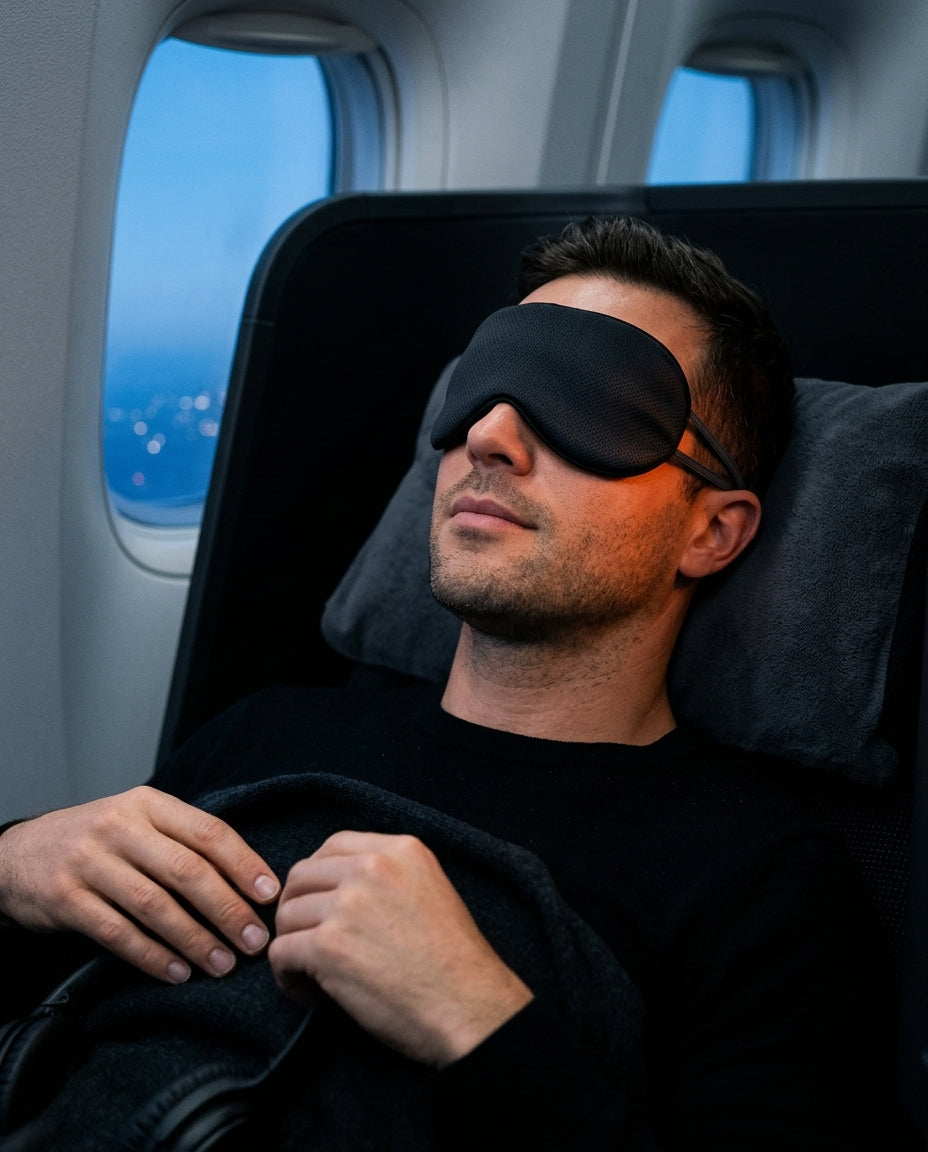 Man resting on an airplane wearing the black silk eye mask by the window