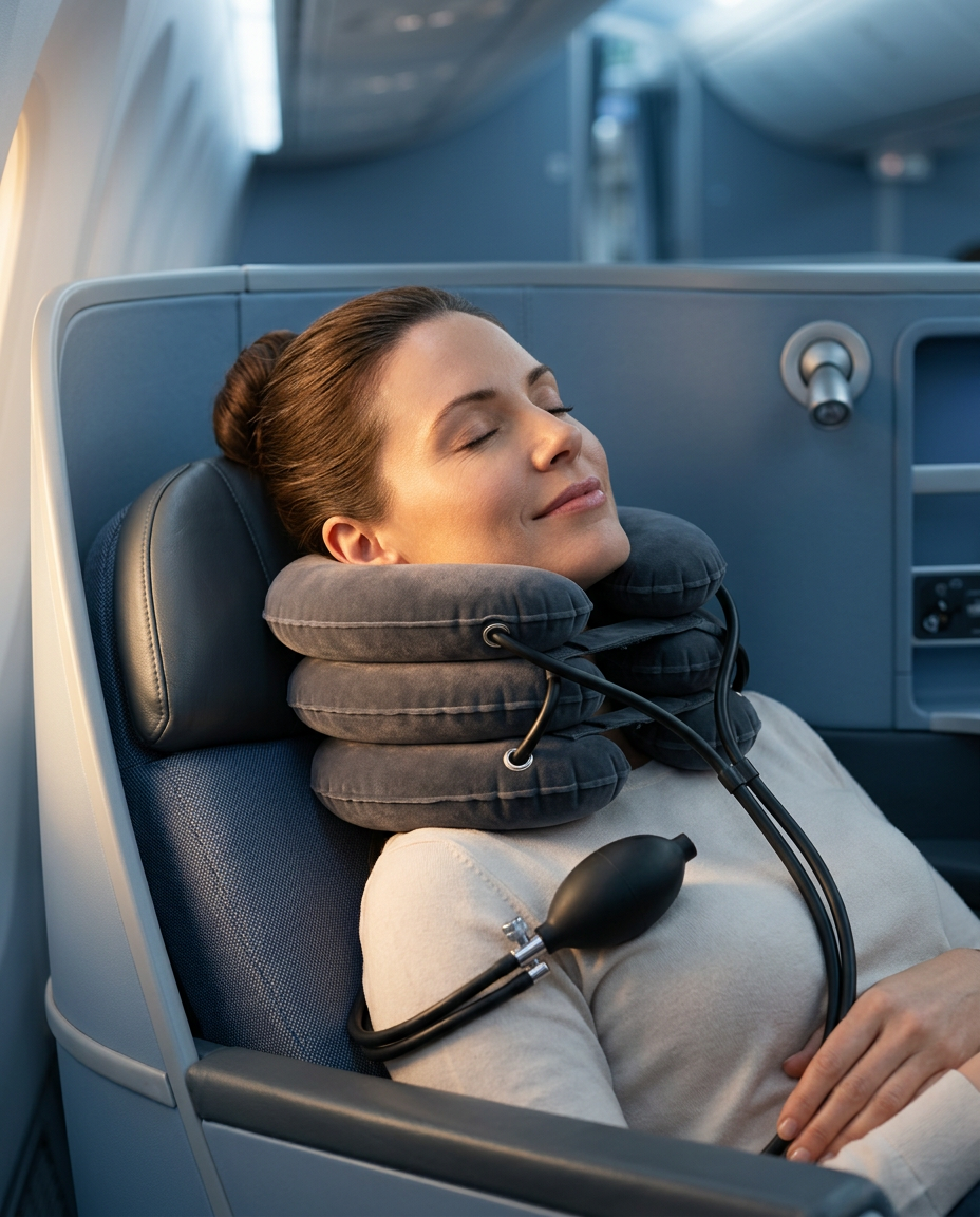 Woman resting in an airplane seat wearing the neck traction pillow