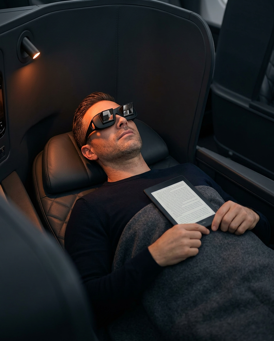 Man reclining in a seat wearing prism glasses to read hands-free while lying back