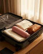 Pink hygiene bottle packed inside an open suitcase with folded clothes