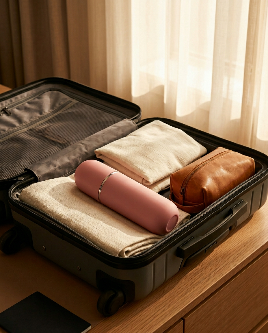 Pink hygiene bottle packed inside an open suitcase with folded clothes