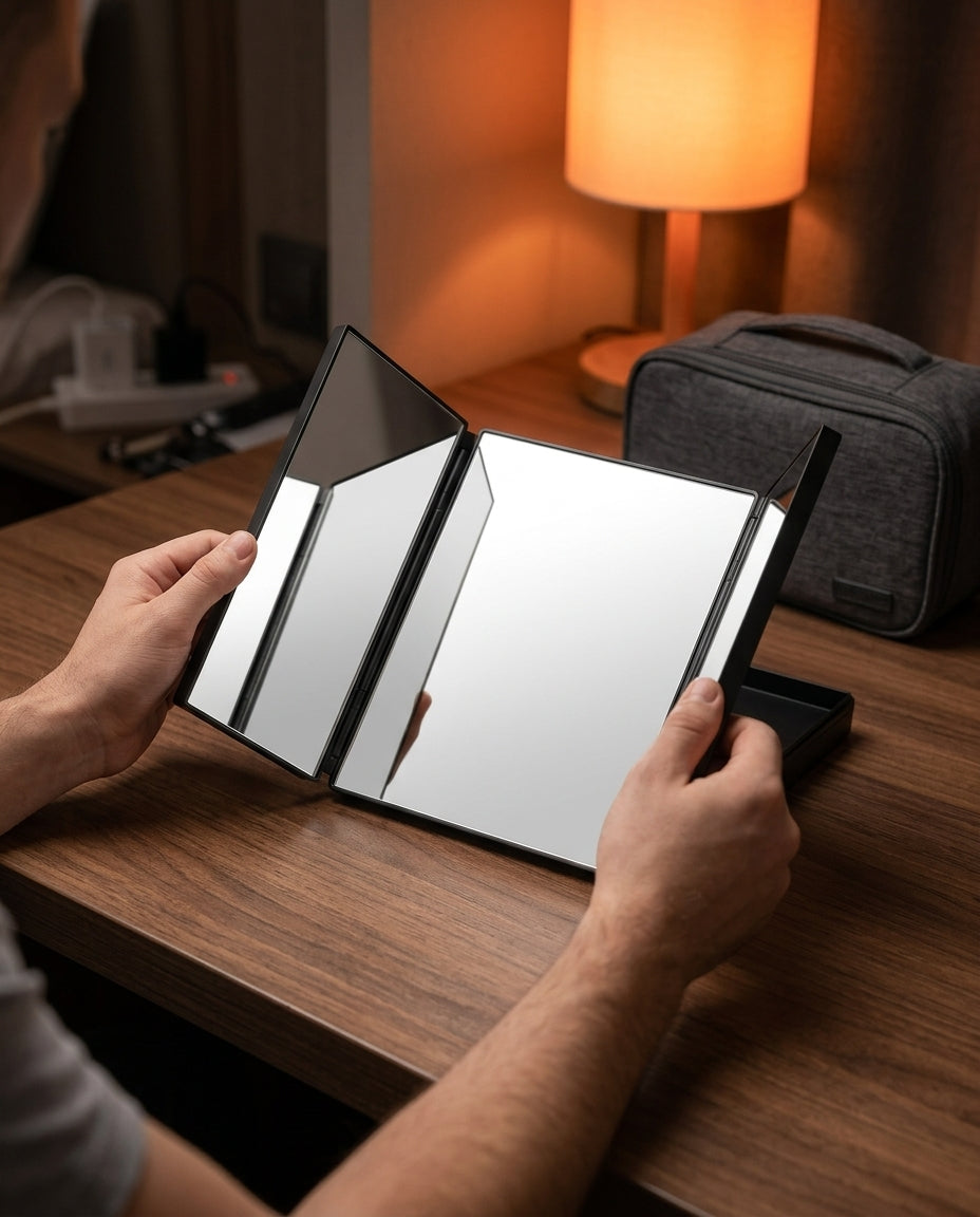 Hands unfolding the compact trifold travel mirror on a hotel nightstand