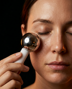 Woman rolling a facial ice globe under her closed eye on dark background