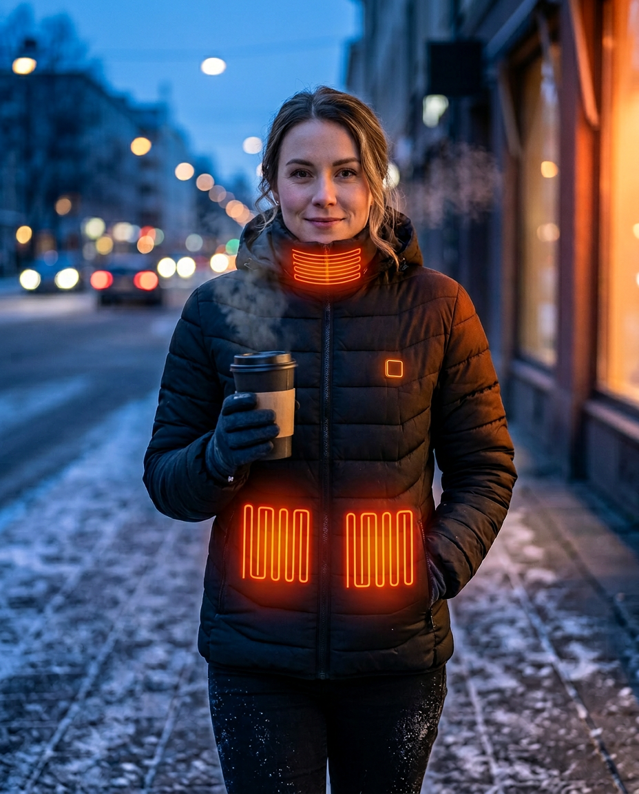 Woman on a city street at dusk wearing the heated jacket, zones glowing