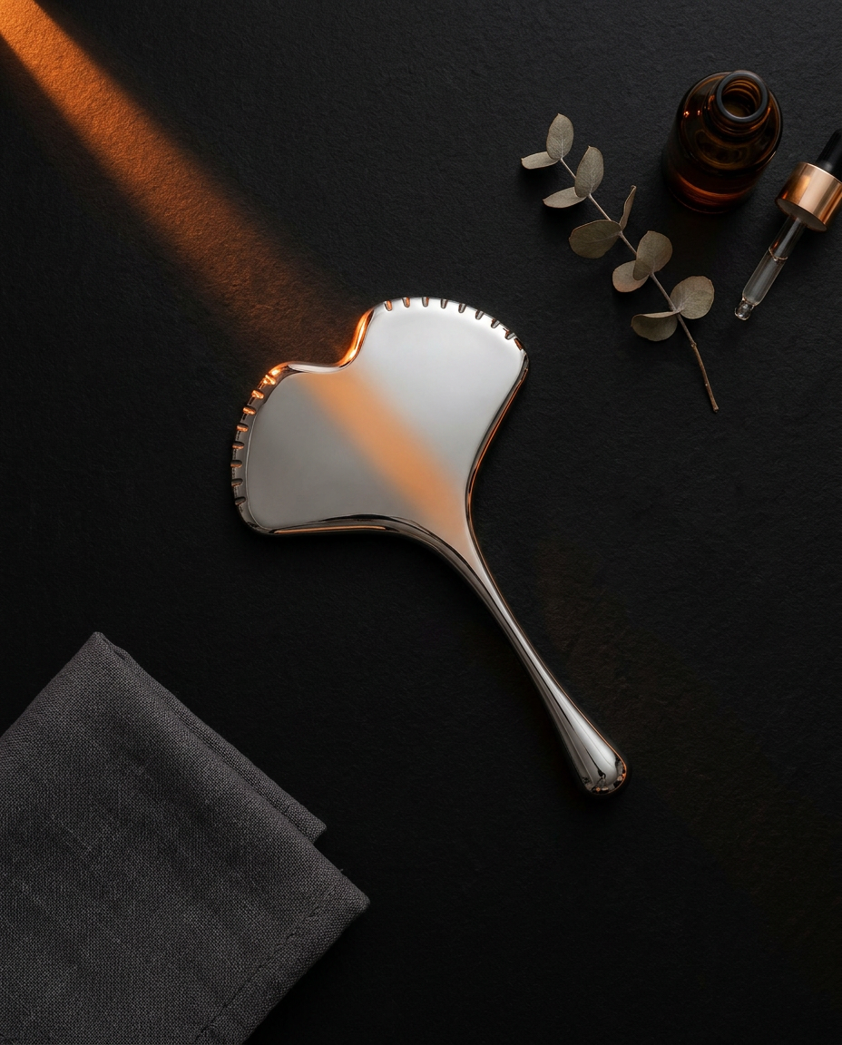 Silver facial sculpting tool flatlay on dark vanity with serum, eucalyptus and towel