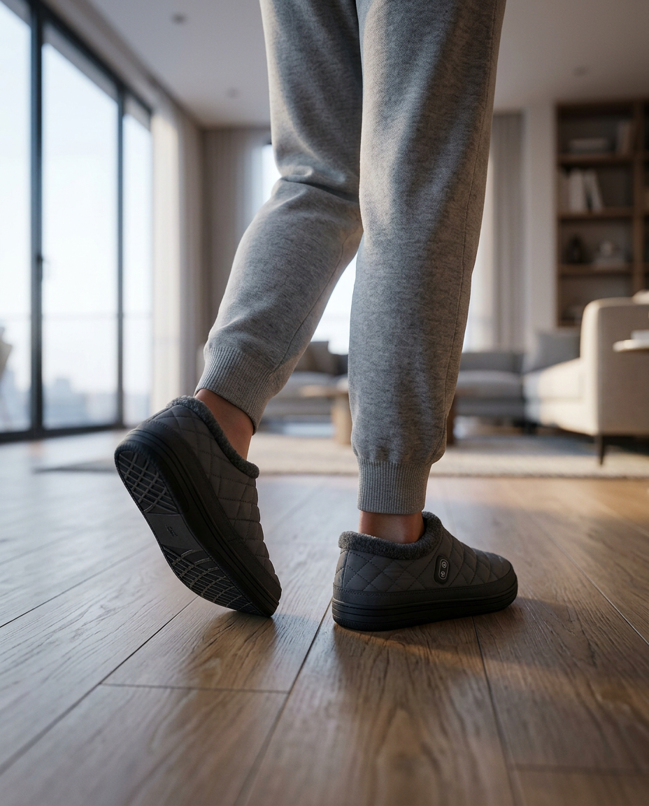 Person walking indoors on wood floor wearing the grey heated slippers