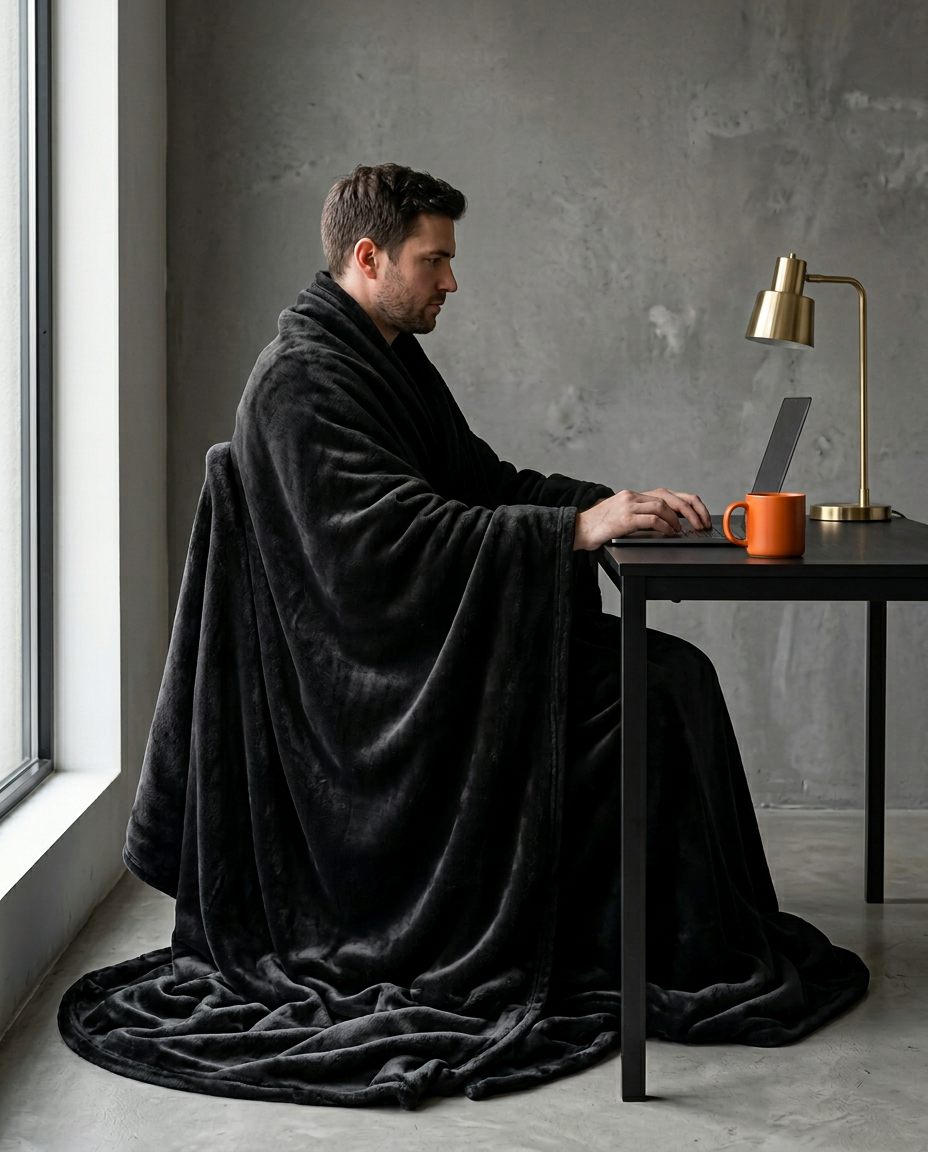 Man working at a desk on a laptop wrapped in a black wearable blanket
