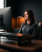 Woman working at a desk with monitor raised on the riser