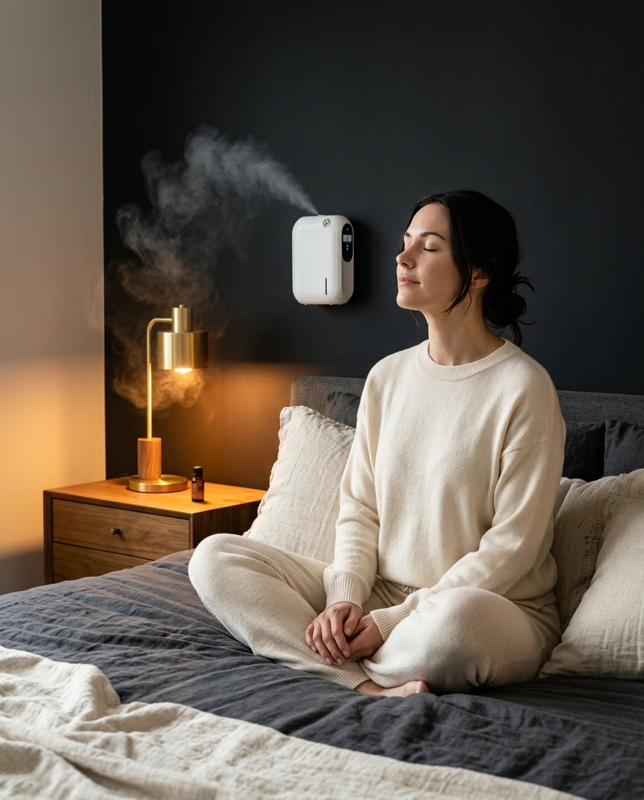 Woman relaxing on her bed beside the wall-mounted aroma diffuser