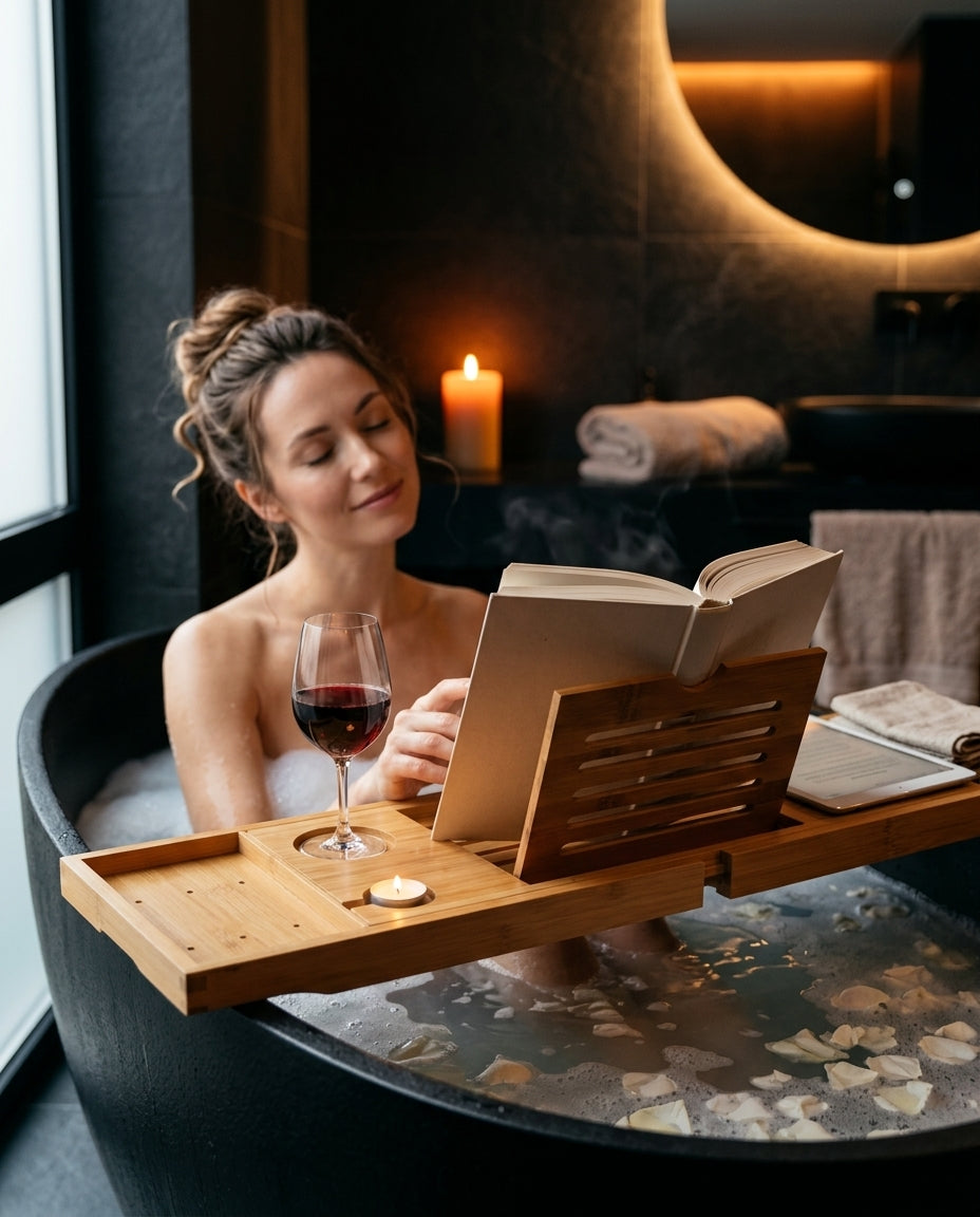 Woman reading in a bath with a book and wine on the bamboo tray