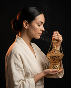 Woman in linen robe holding the smoking brass incense burner in ritual