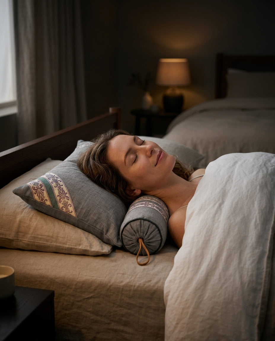 Woman sleeping peacefully on the linen support pillow and neck bolster in a dim bedroom