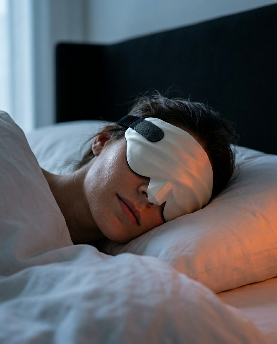 Woman sleeping in bed wearing the contoured silk eye mask at night