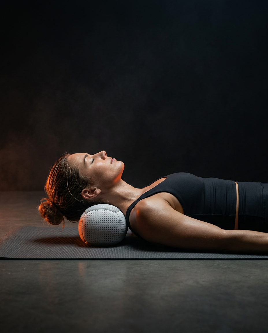 Woman on a yoga mat stretching her neck over the cylindrical traction pillow