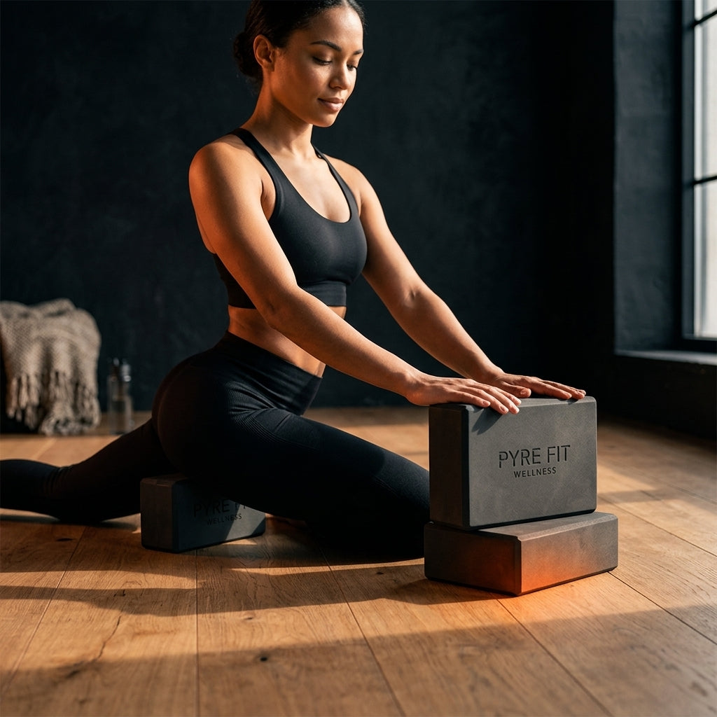Woman in a yoga studio using black foam yoga blocks in a seated stretch