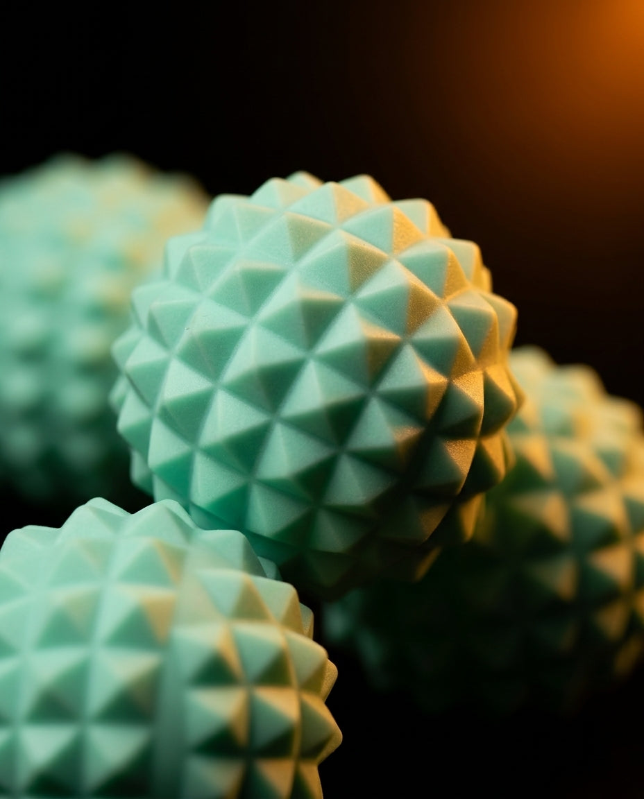 Macro of the spiked silicone texture on the green massage roller balls