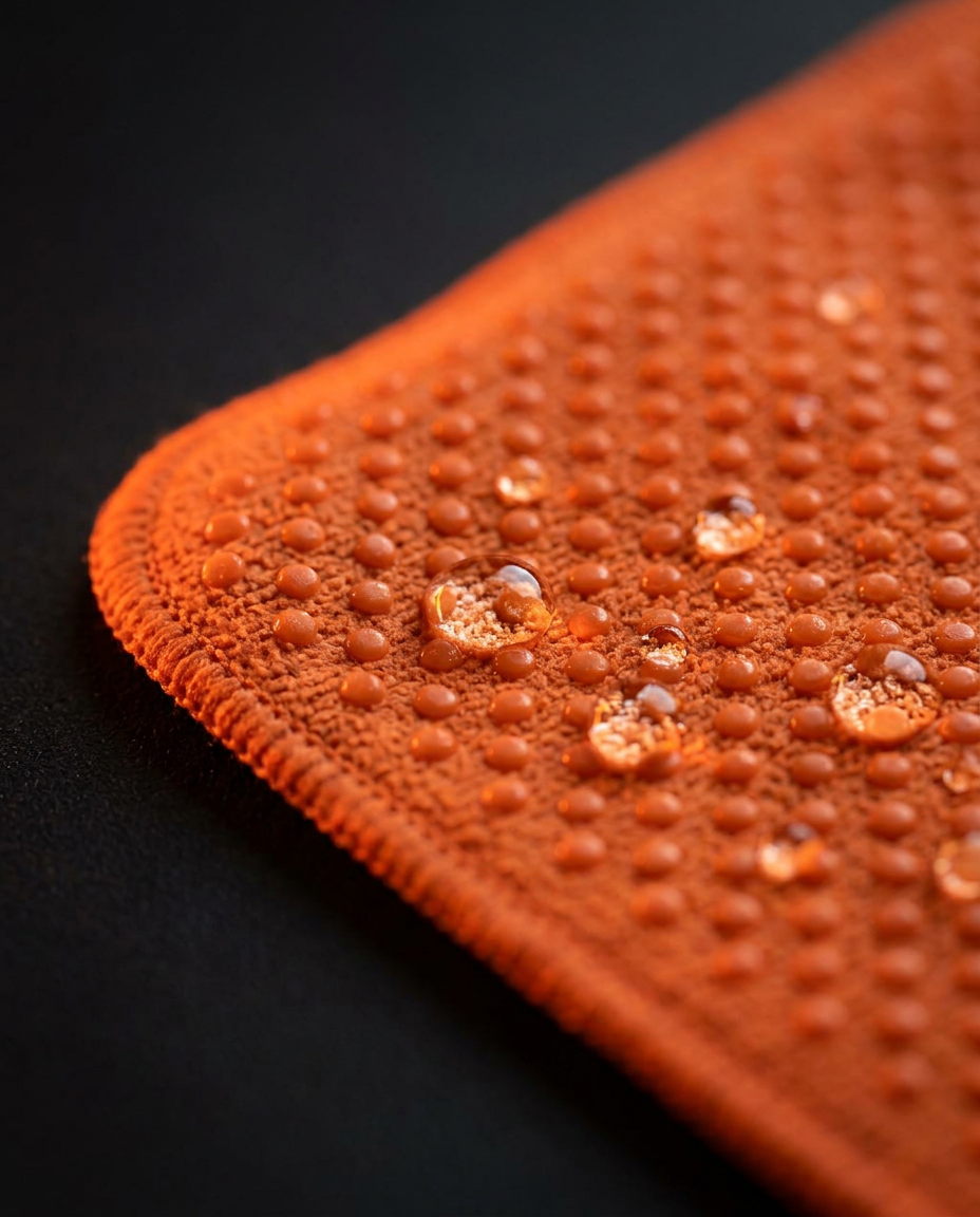 Macro of silicone grip dots and water beads on the orange yoga towel